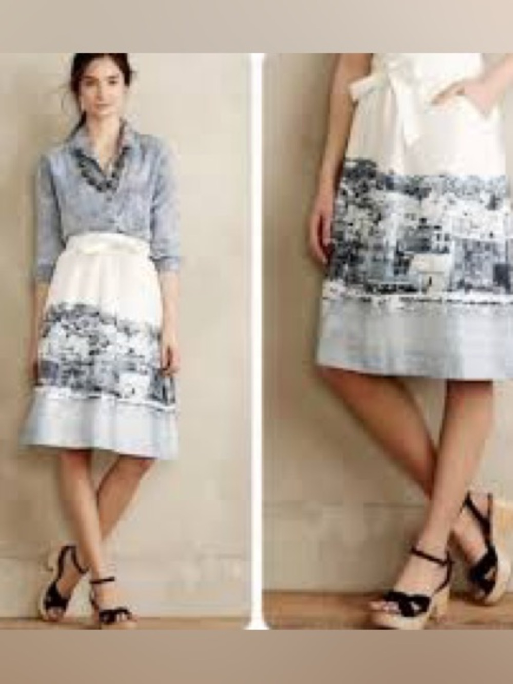 Anthropologie HD In Paris Petite Blue White Coastal Village Scenic Skirt 4P